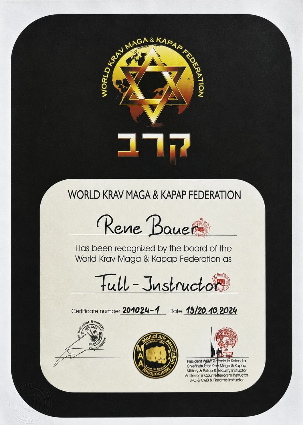 Full-Instructor-Zertifikat der World Krav Maga und Kapap Federation für Rene Bauer
