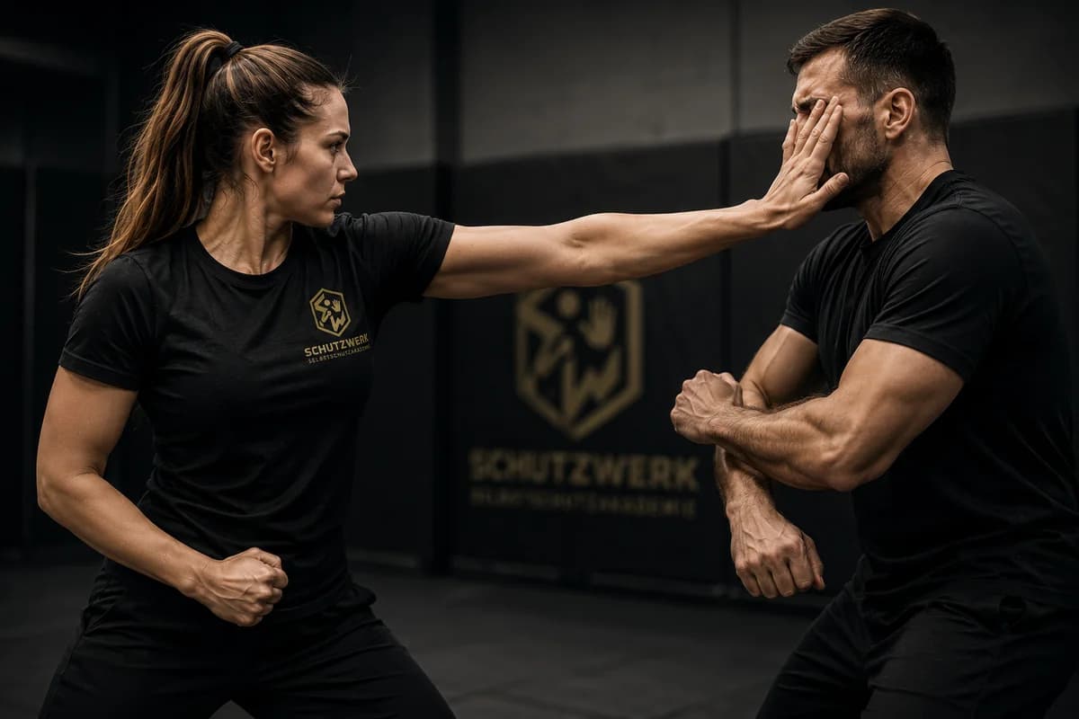 Eine Trainingspartnerin übt eine kontrollierte Abwehrtechnik gegen einen Trainingspartner.